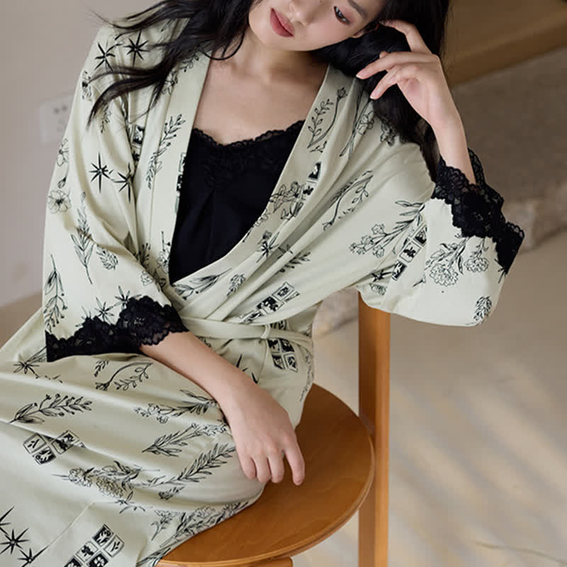 Schwarzes Pyjama-Set mit Blumenblattmuster (3-teilig) - image 8