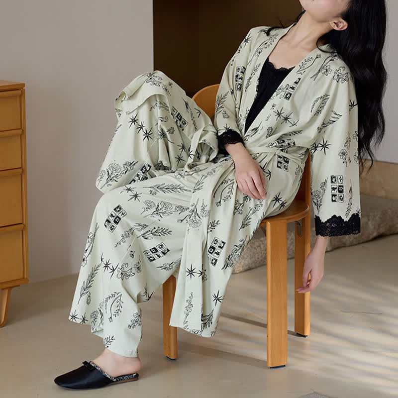 Schwarzes Pyjama-Set mit Blumenblattmuster (3-teilig) - image 6