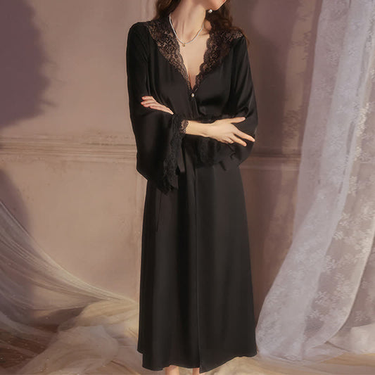 Einfarbiger sexy Spitzenbademantel - Schwarz - XL - image 0