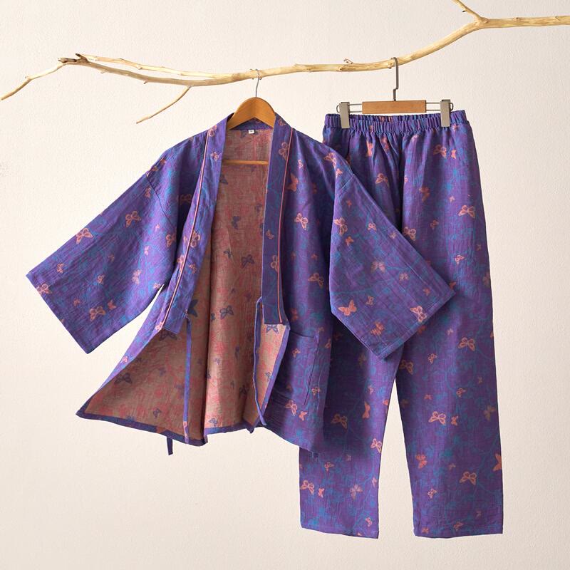 Loungewear-Set aus Baumwollgaze-Kimono mit Schmetterlingsmotiv - Lila - XL - image 1
