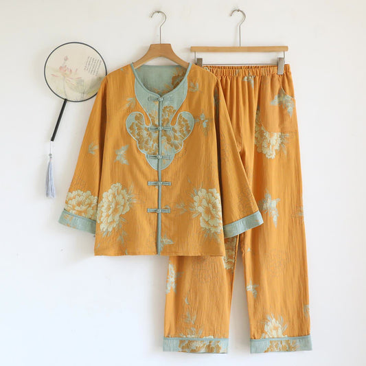 Pyjama-Set aus Baumwolle im orientalischen Pfingstrosen-Stil - Gelb - XL - image 0