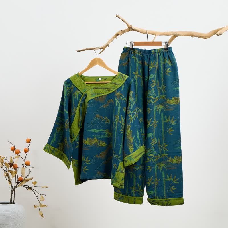Bambus Orientalisches Pyjama-Set aus Baumwolle mit Quasten - Blau - 2XL - image 8