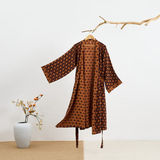 Kimono-Bademantel aus Baumwollgaze mit Rautenmuster - Braun & Rot - 2XL - image 0