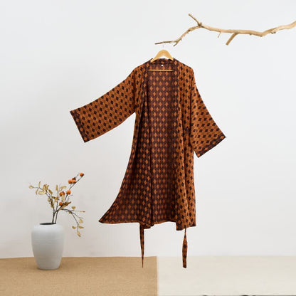 Kimono-Bademantel aus Baumwollgaze mit Rautenmuster - Braun & Gelb - 2XL - image 6