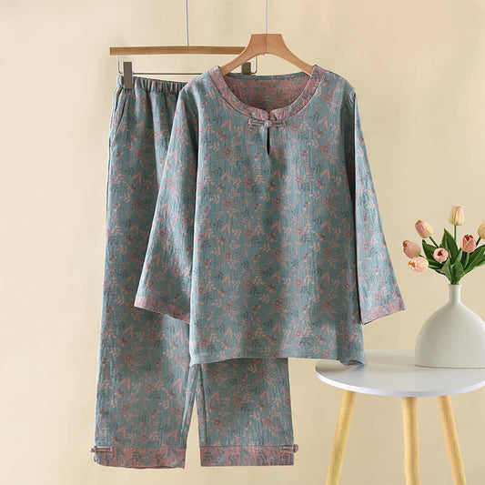 Vintage Baumwoll-Pyjama mit botanischem Print und langen Ärmeln - XL - image 0