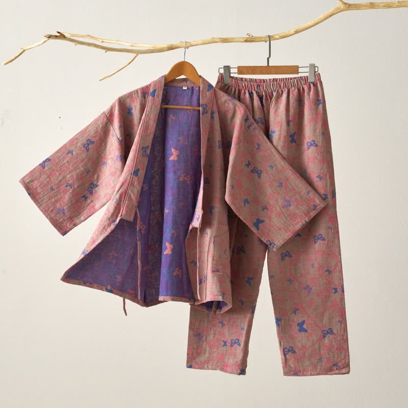Loungewear-Set aus Baumwollgaze-Kimono mit Schmetterlingsmotiv - Braun - XL - image 4