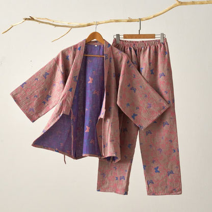 Loungewear-Set aus Baumwollgaze-Kimono mit Schmetterlingsmotiv - Braun - XL - image 4