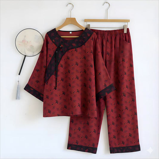 Ginkgoblatt-Pyjama aus Baumwolle mit orientalischer Quaste - image 0
