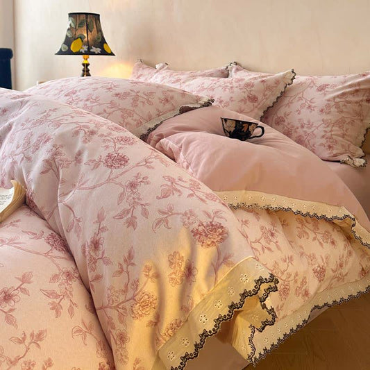 Bettwäscheset aus Baumwollspitze mit Blumenmuster im Vintage-Stil - Rosa - 220cm x 240cm - image 0