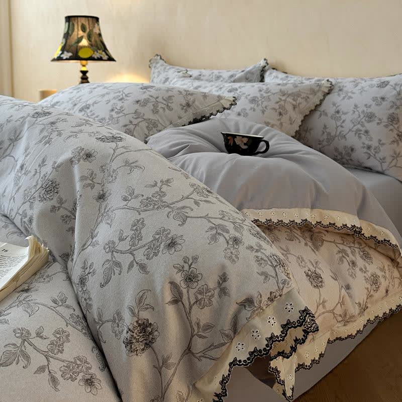 Bettwäscheset aus Baumwollspitze mit Blumenmuster im Vintage-Stil - Grau - 220cm x 240cm - image 9