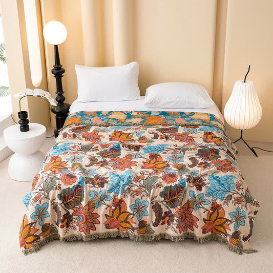 Baumwollsteppdecke mit tropischen Blättern und Blumenquasten - 200cm x 230cm - image 0