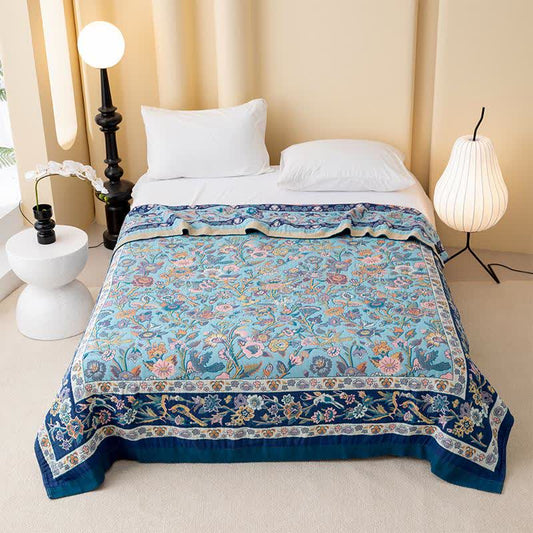 Blaue Steppdecke aus Baumwollgaze mit Blumenmuster - 200cm x 230cm - image 0