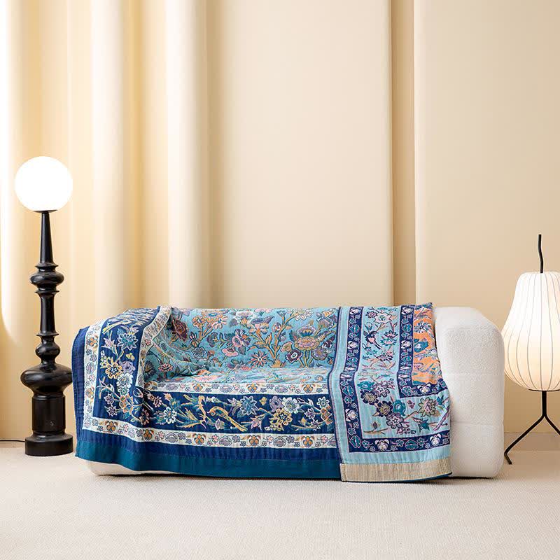Blaue Steppdecke aus Baumwollgaze mit Blumenmuster - image 3