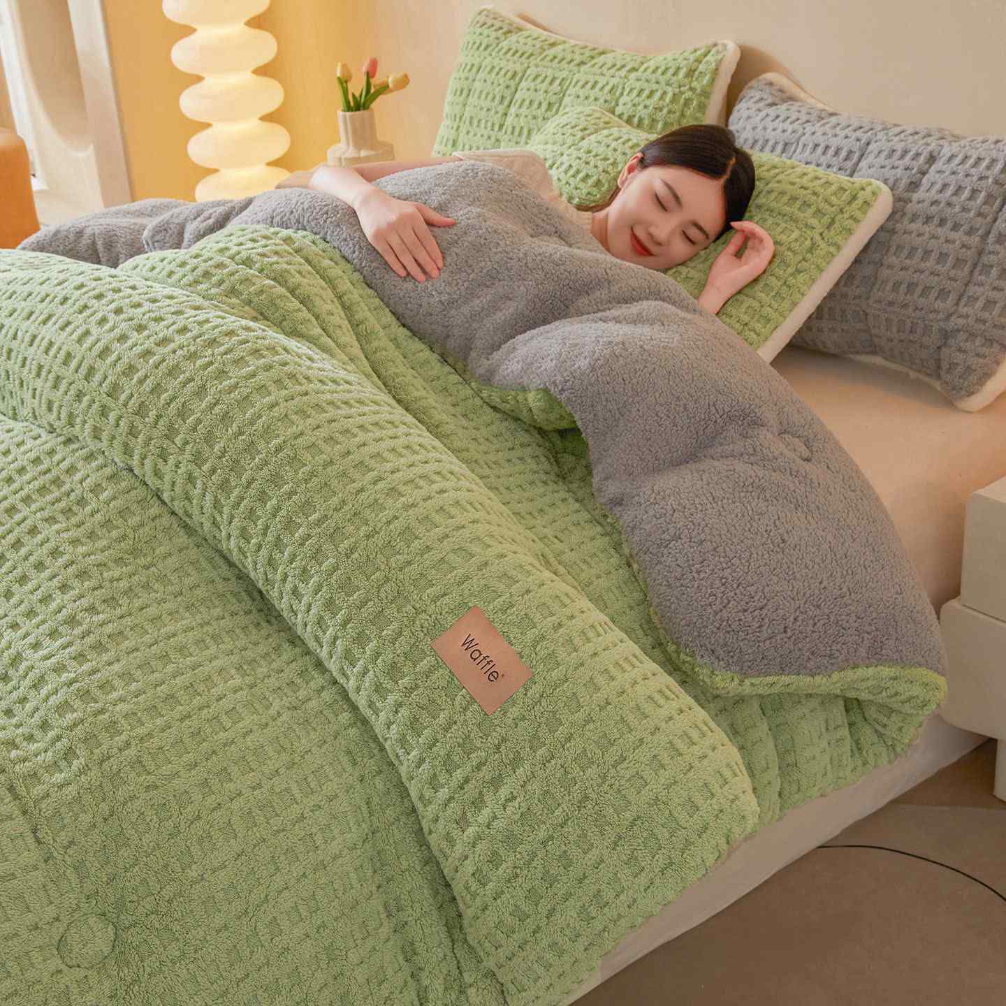 Warme Plüschdecke aus Waffel-Jacquard - Grün - 200cm x 230cm - image 10