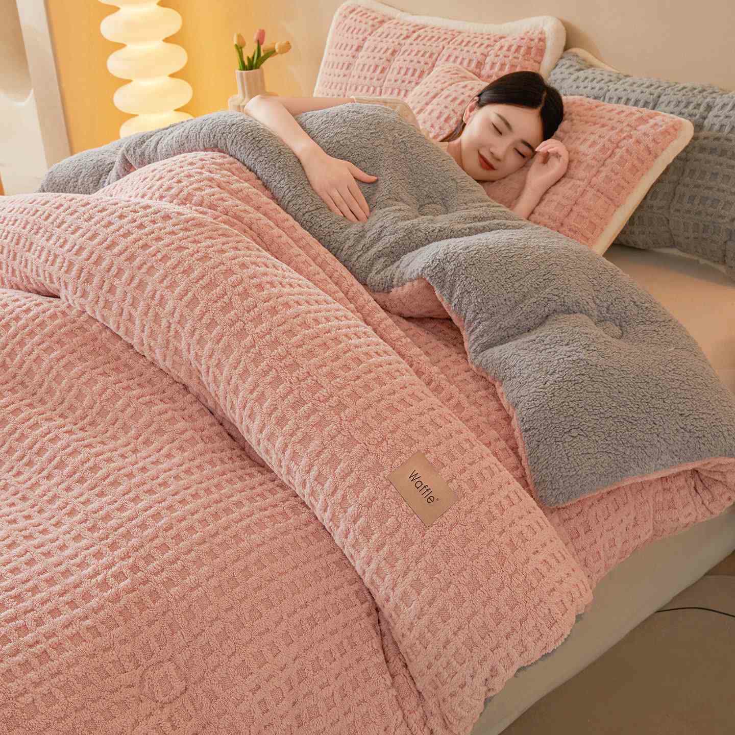 Warme Plüschdecke aus Waffel-Jacquard - Rosa - 200cm x 230cm - image 9