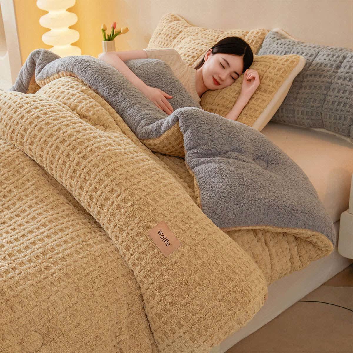 Warme Plüschdecke aus Waffel-Jacquard - Khaki - 200cm x 230cm - image 12