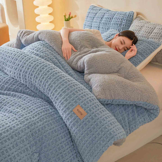 Warme Plüschdecke aus Waffel-Jacquard - Blau - 200cm x 230cm - image 0