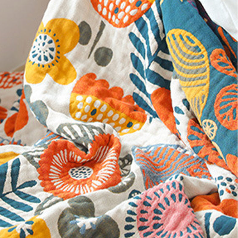 Ownkoti Orangefarbene Baumwollsteppdecke mit Cartoon-Blumenmuster
