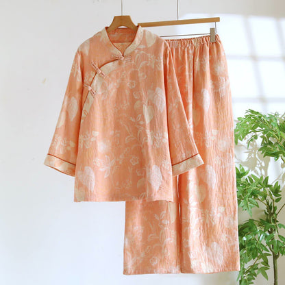 Orientalisch inspiriertes Pyjama-Set aus Baumwollgaze mit Blumenmuster - Orange - XXL - image 1