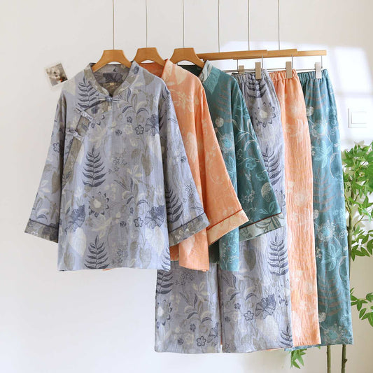 Orientalisch inspiriertes Pyjama-Set aus Baumwollgaze mit Blumenmuster - image 0