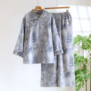 Pyjama-Set aus orientalisch inspiriertem Baumwollgewebe mit Blumenmuster - Graublau - XXL - image 0