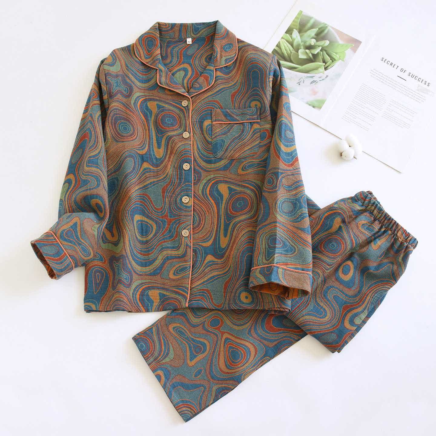 Künstlerisches abstraktes Pyjama-Set aus Baumwolle - Blau & Orange - XL - image 1