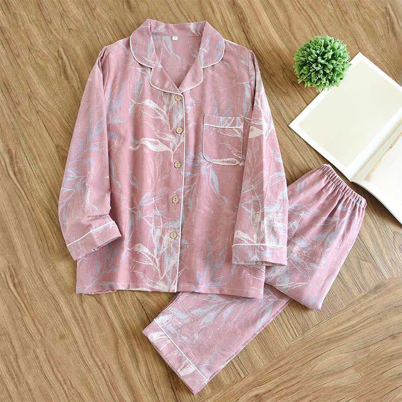 Baumwoll-Pyjama-Set im Bambusblatt-Design - Rosa - XXL - image 5