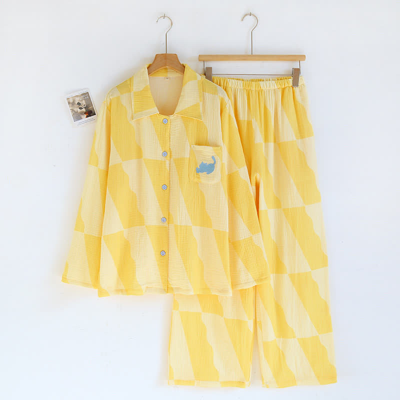 Pyjama-Set aus Baumwolle mit Katzentasche und Karomuster - image 2