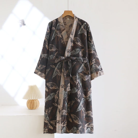 Bademantel aus Baumwoll-Jacquard mit Blattmotiv im Kimono-Stil - XL - image 0