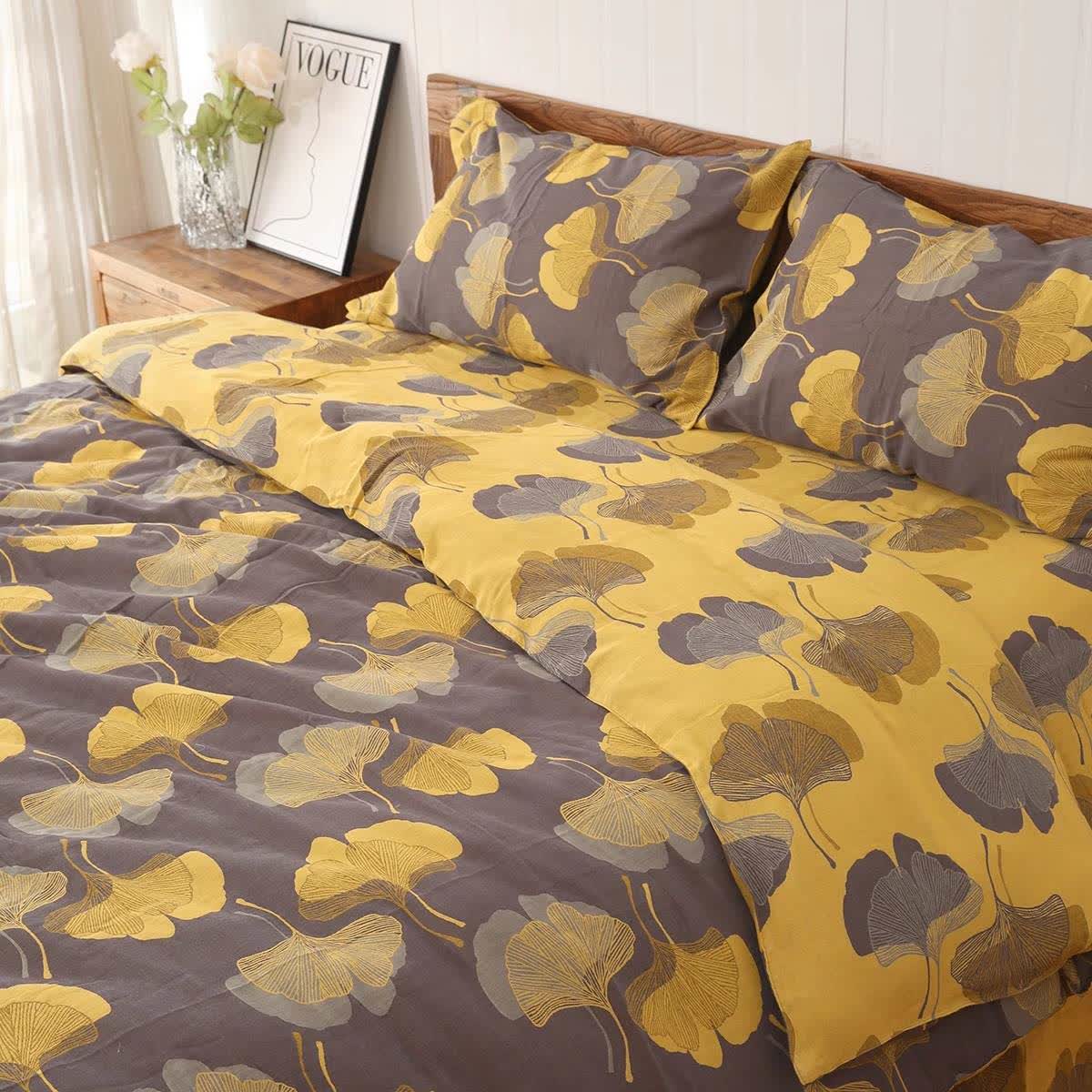 Wende-Bettwäscheset aus Baumwolle mit Ginkgoblättern (4-teilig) - Grau - Bettwäsche-Set - 200cm x 230cm - image 1