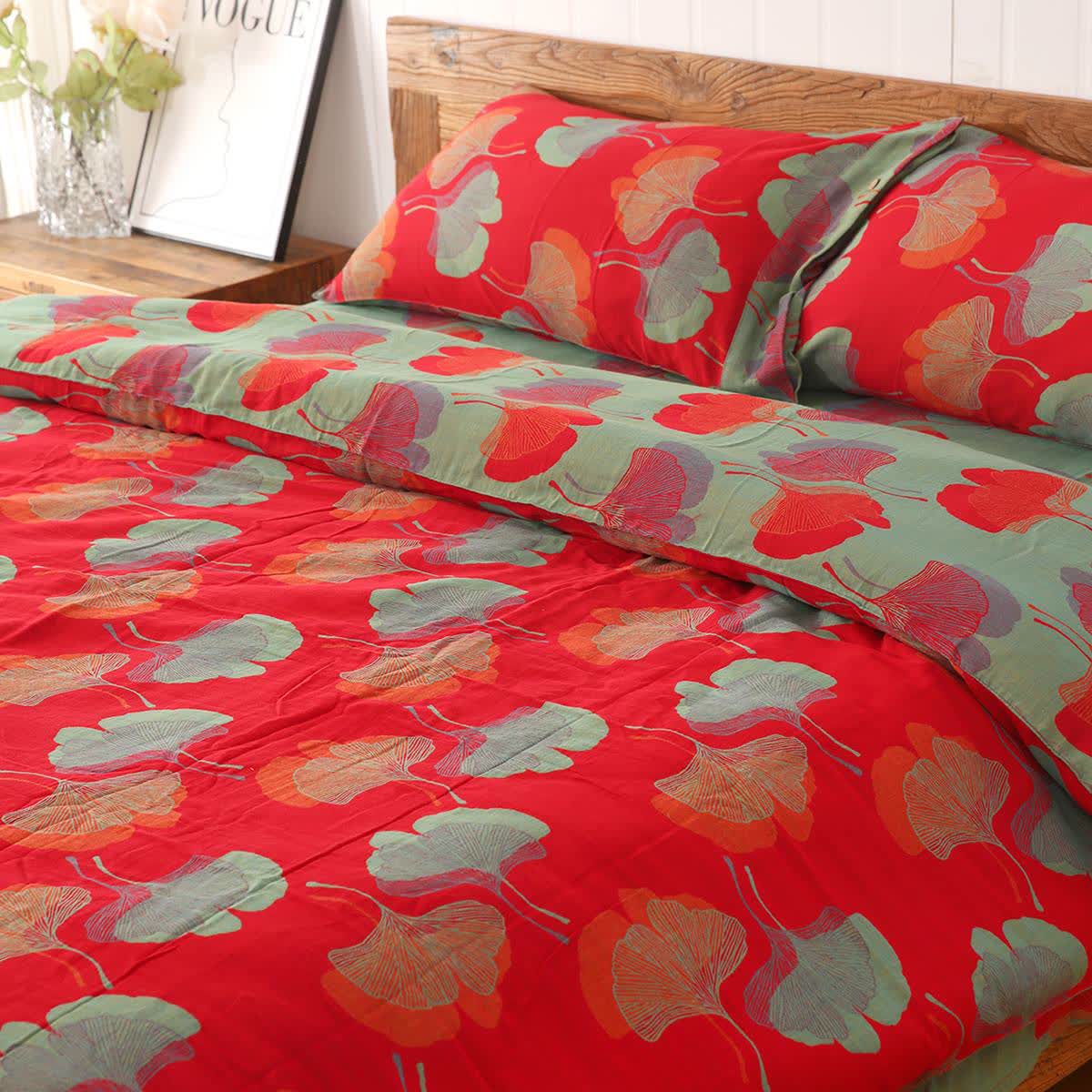 Wende-Bettwäscheset aus Baumwolle mit Ginkgoblättern (4-teilig) - Rot - Bettwäsche-Set - 200cm x 230cm - image 3