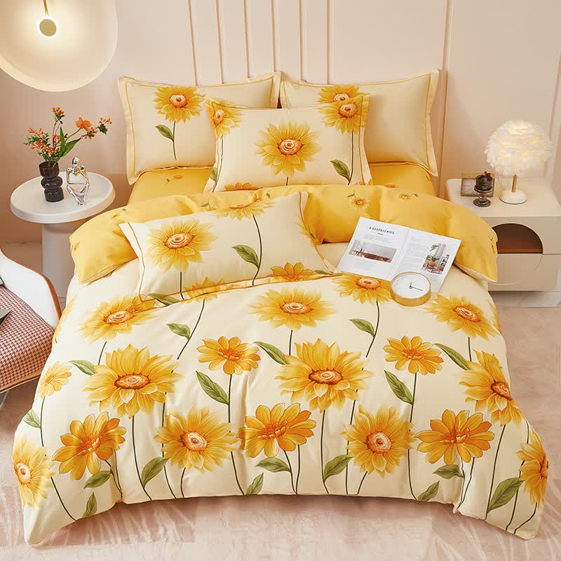 Wende-Bettwäscheset aus gebürsteter Baumwolle mit Sonnenblumenmotiv (4-teilig) - image 1