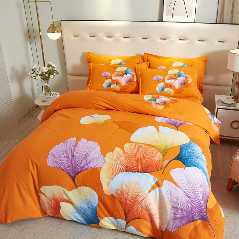 Bettwäsche aus gebürsteter Baumwolle mit orangefarbenem Ginkgoblatt (4-teilig) - image 1