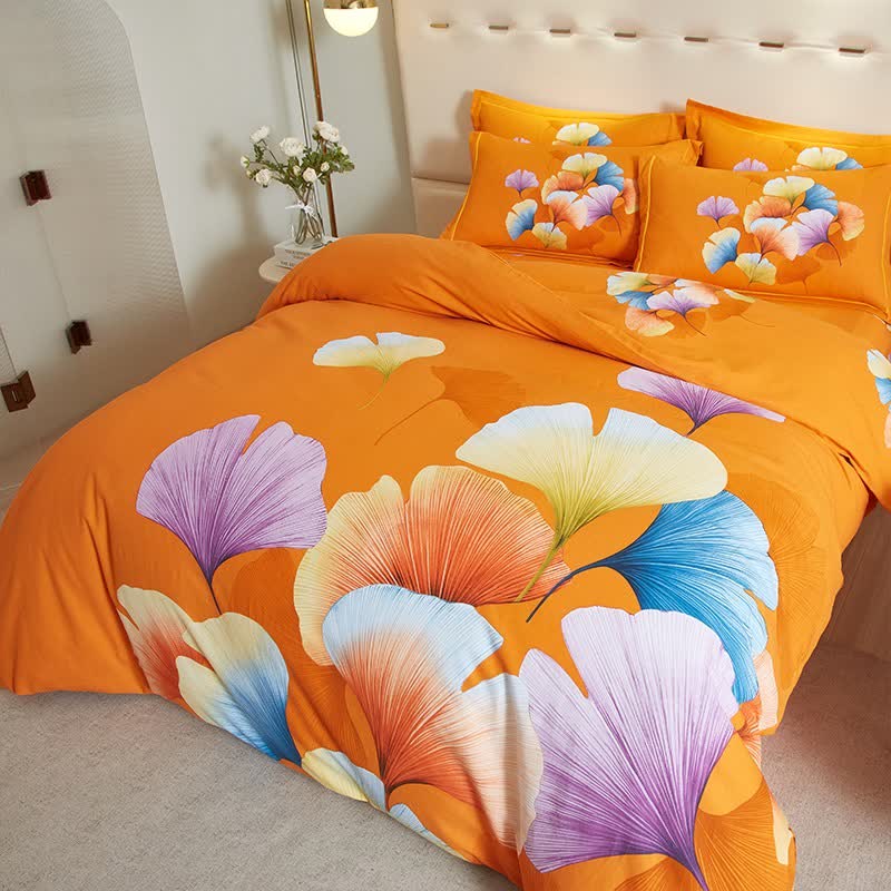 Bettwäsche aus gebürsteter Baumwolle mit orangefarbenem Ginkgoblatt (4-teilig) - image 2
