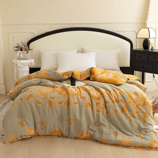 Pastorale Sonnenblumen-Steppdecke aus doppelter Baumwollgaze - Winterquilt - 220cm x 240cm - image 0