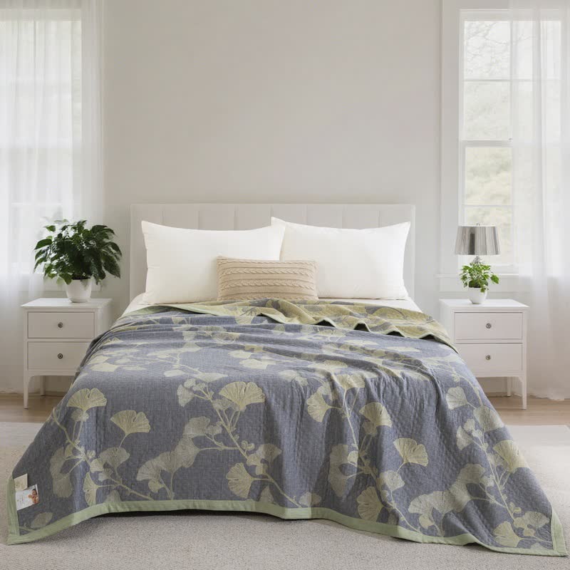 Ginkgo-inspirierte Wendedecke aus natürlicher Baumwolle - Blau - Decke - 244cm x 264cm - image 3