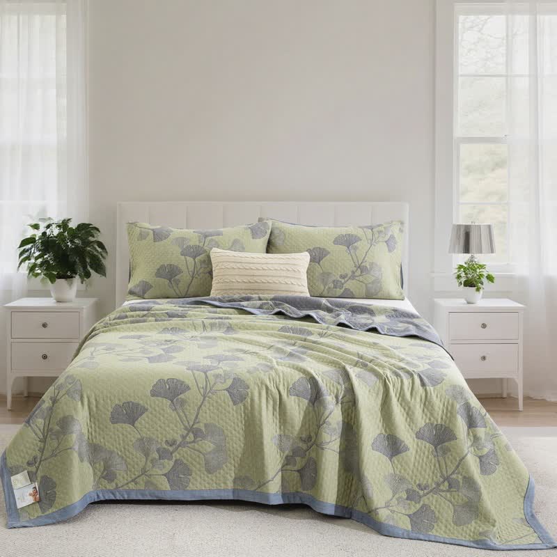 Ginkgo-inspirierte Wendedecke aus natürlicher Baumwolle - Grün - Steppdecke mit 2 Kissenbezügen - 244cm x 264cm - image 12