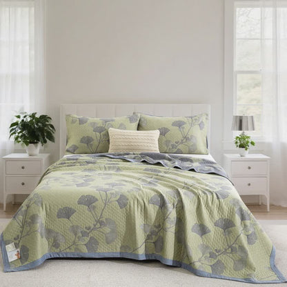 Ginkgo-inspirierte Wendedecke aus natürlicher Baumwolle - Grün - Steppdecke mit 2 Kissenbezügen - 244cm x 264cm - image 12