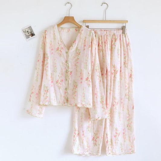 Rosafarbenes Loungewear-Set aus Baumwollgaze mit Rosenmotiv - XL - image 0