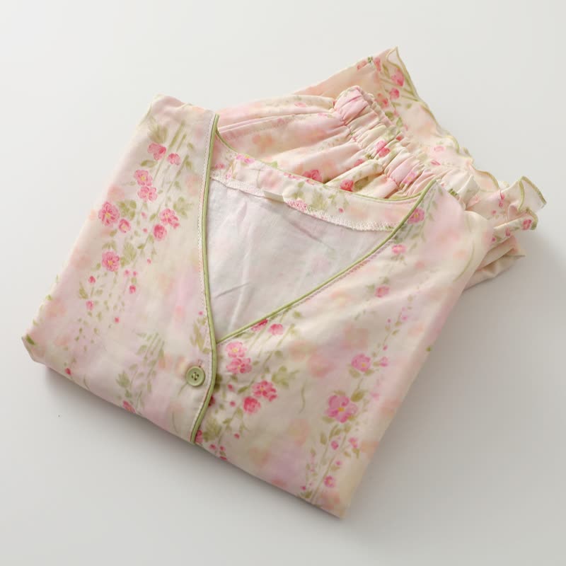 Rosafarbenes Loungewear-Set aus Baumwollgaze mit Rosenmotiv - image 3
