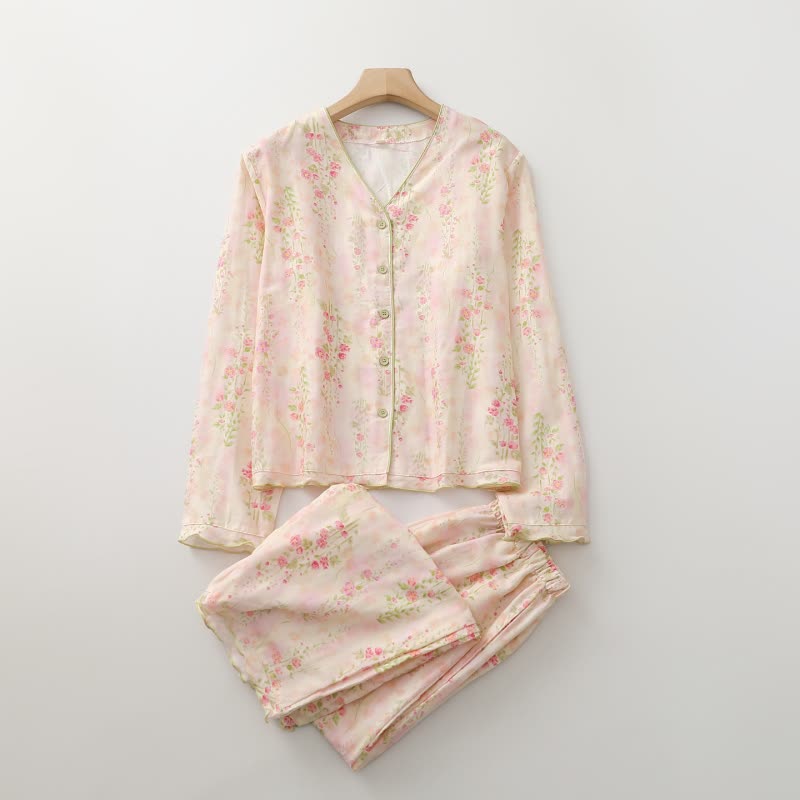 Rosafarbenes Loungewear-Set aus Baumwollgaze mit Rosenmotiv - image 1