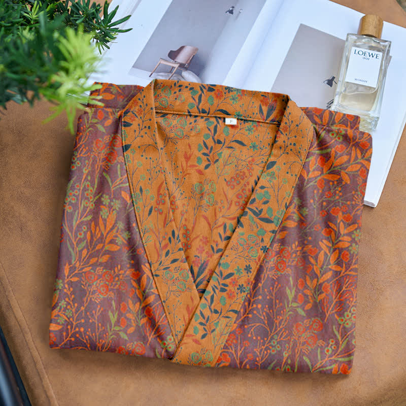 Ownkoti Vintage Kimono-Bademantel aus Baumwollgaze mit Blattmotiven - image 6