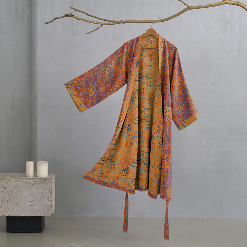 Ownkoti Vintage Kimono-Bademantel aus Baumwollgaze mit Blattmotiven - Grau & Orange - XL - image 5