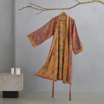 Ownkoti Vintage Kimono-Bademantel aus Baumwollgaze mit Blattmotiven - Grau & Orange - XL - image 5