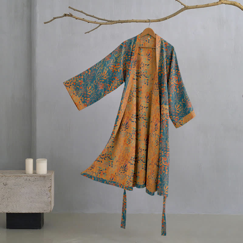 Vintage Blatt Baumwolle Gaze Kimono Robe - Blau & Orange - 2XL - image 0