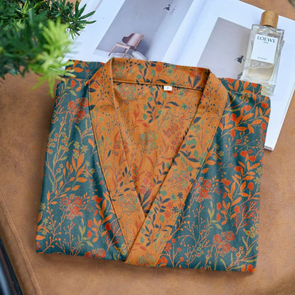 Ownkoti Vintage Kimono-Bademantel aus Baumwollgaze mit Blattmotiven - image 1