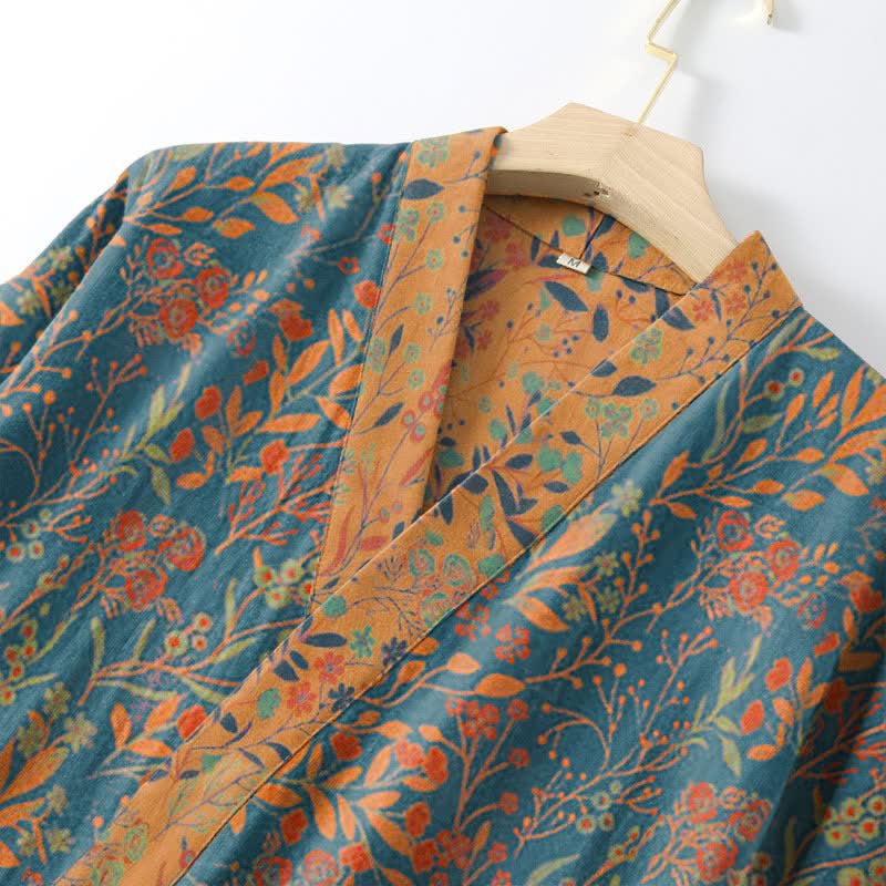 Ownkoti Vintage Kimono-Bademantel aus Baumwollgaze mit Blattmotiven - image 2