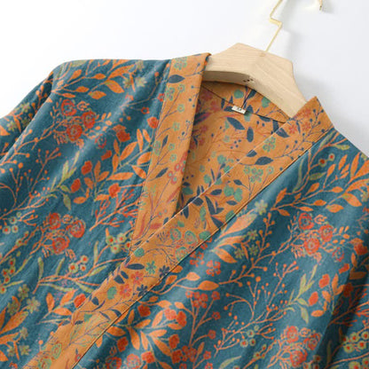 Ownkoti Vintage Kimono-Bademantel aus Baumwollgaze mit Blattmotiven - image 2