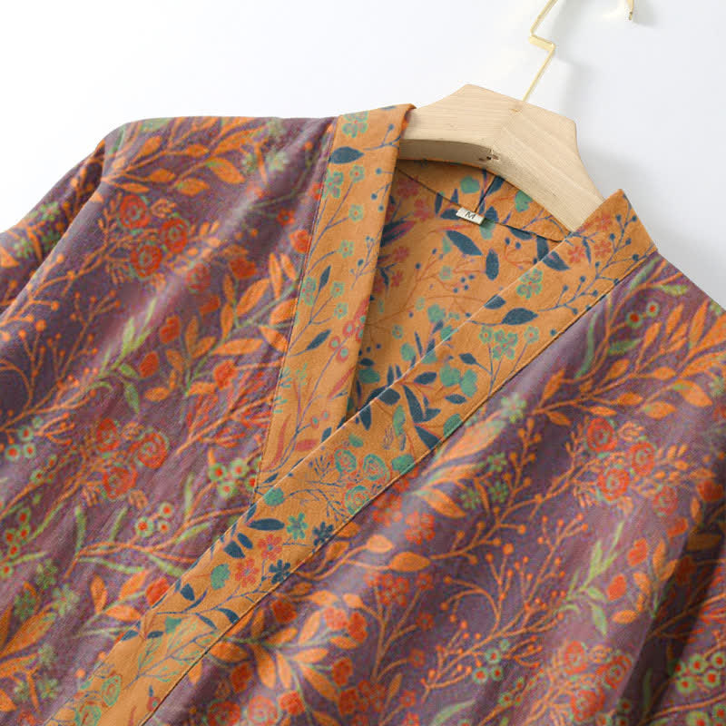 Ownkoti Vintage Kimono-Bademantel aus Baumwollgaze mit Blattmotiven - image 7