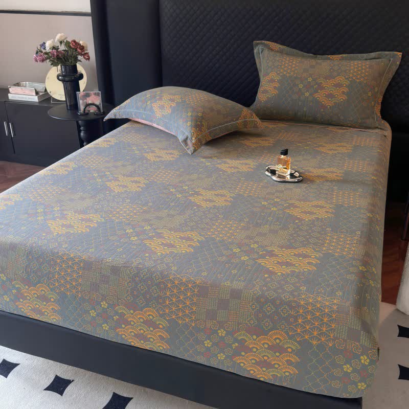 Spannbettlaken aus Baumwolle mit Retro-Fan-Muster - Grau Grün - Spannbettlaken mit 2 Kissenbezügen - 180cm x 200cm - image 0